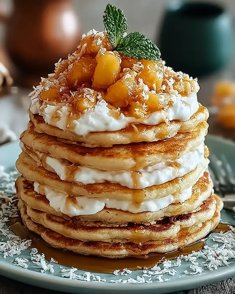 A delicious plate of Indulgent Sweet Coconut Cream Pancakes for a Tropical Twist