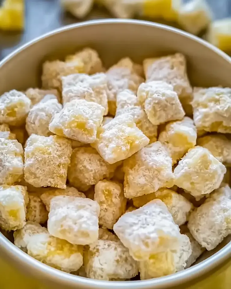 A delicious plate of Lemonade Puppy Chow Snack: A Sweet Burst of Summer Fun