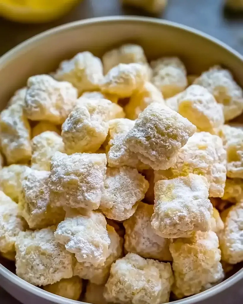 A delicious plate of Lemonade Puppy Chow Snack: A Sweet Burst of Summer Fun