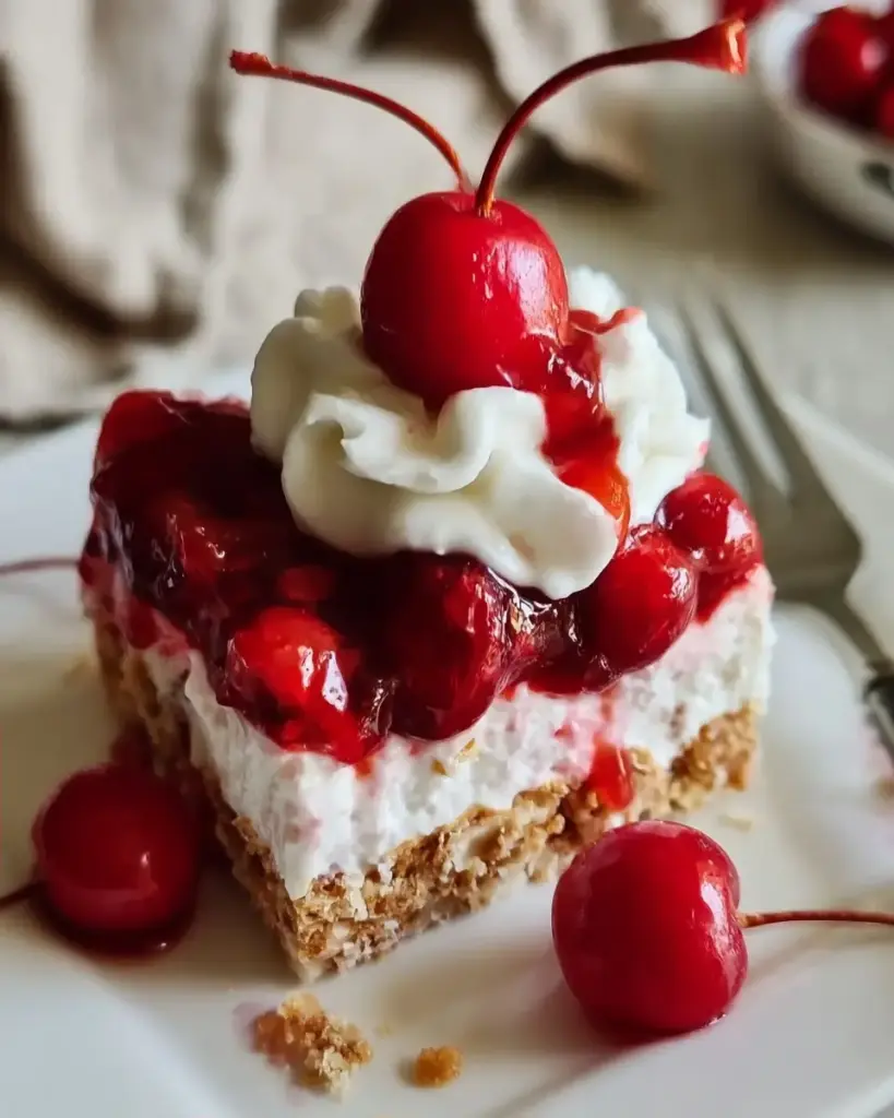 A delicious plate of No-Bake Cherry Delight: A Creamy, Easy Dessert You’ll Make Again and Again
