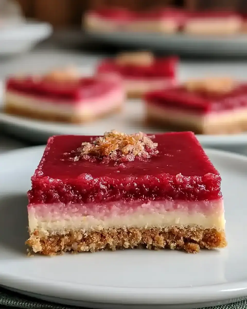 A delicious plate of No Bake Rhubarb Cheesecake Squares