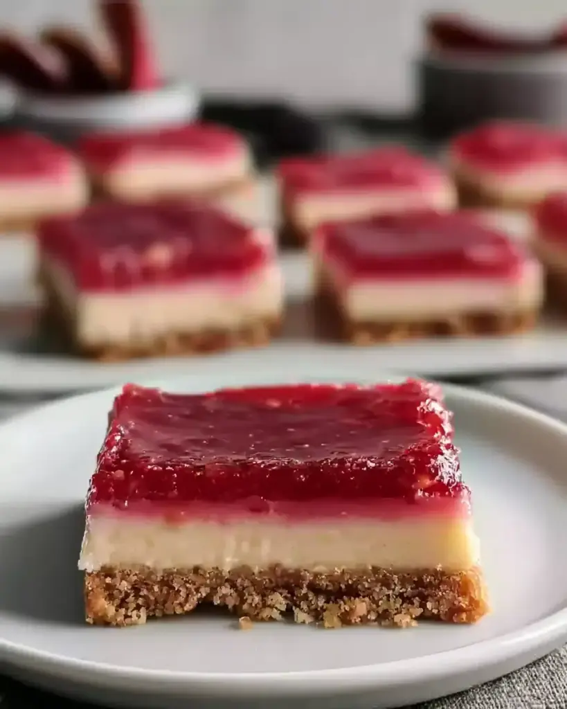 A delicious plate of No Bake Rhubarb Cheesecake Squares