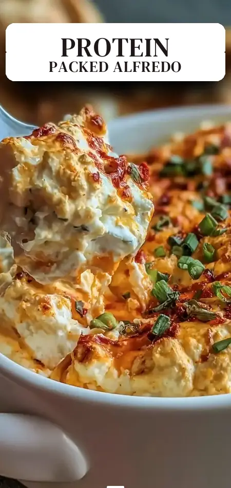 Pinterest pin (Design 2) for High Protein Alfredo Bake Recipe 30g Protein Easy Comfort Meal Prep