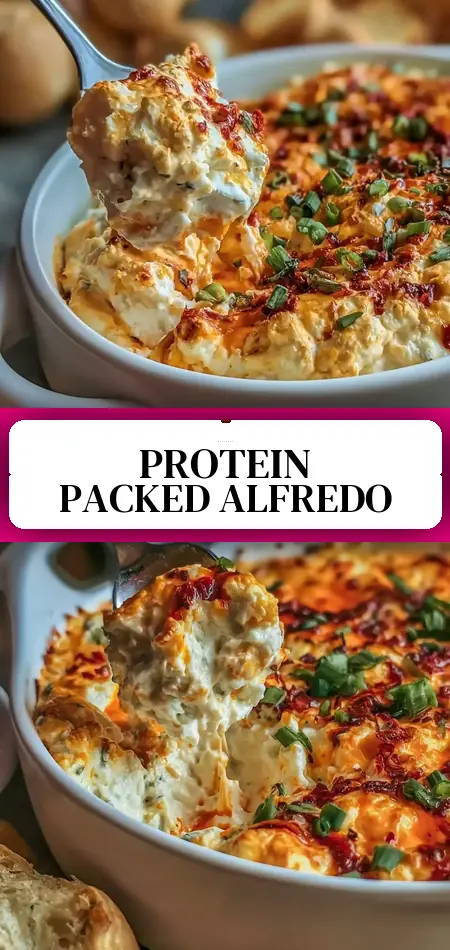 Pinterest pin (Design 3) for High Protein Alfredo Bake Recipe 30g Protein Easy Comfort Meal Prep