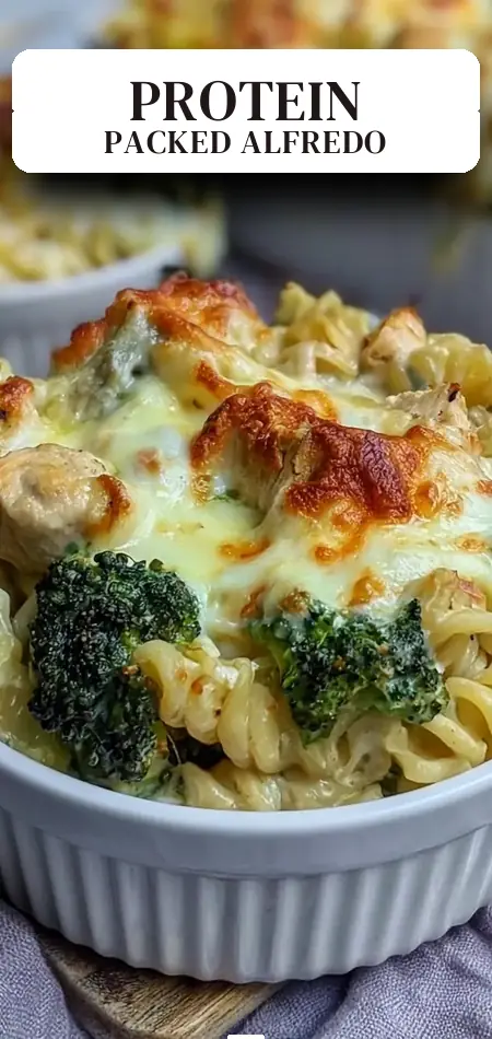 Pinterest pin (Design 2) for High Protein Alfredo Bake Recipe 30g Protein Easy Comfort Meal Prep