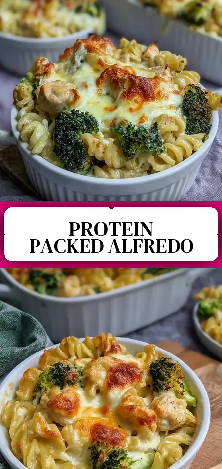 Pinterest pin (Design 3) for High Protein Alfredo Bake Recipe 30g Protein Easy Comfort Meal Prep