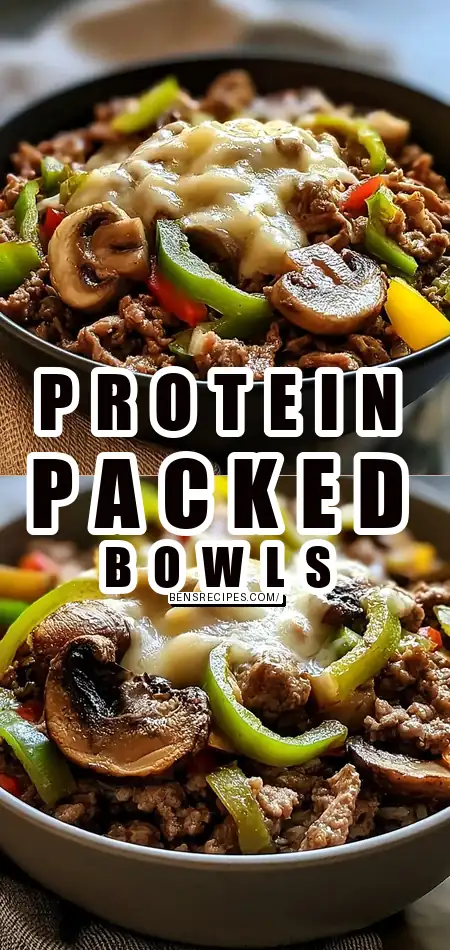 Pinterest pin (Design 1) for Philly Cheesesteak Bowls (High Protein, Low Carb)