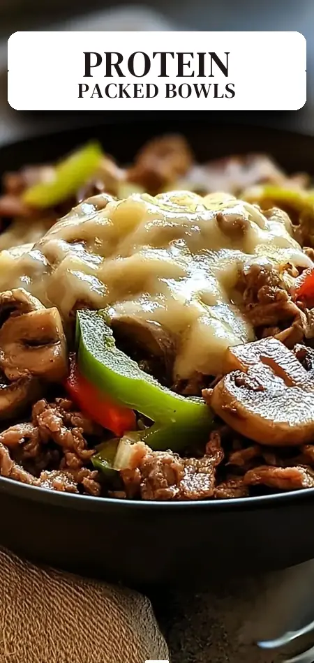 Pinterest pin (Design 2) for Philly Cheesesteak Bowls (High Protein, Low Carb)