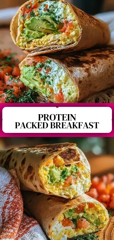 Pinterest pin (Design 3) for High-Protein Breakfast Wrap with Cottage Cheese and Avocado