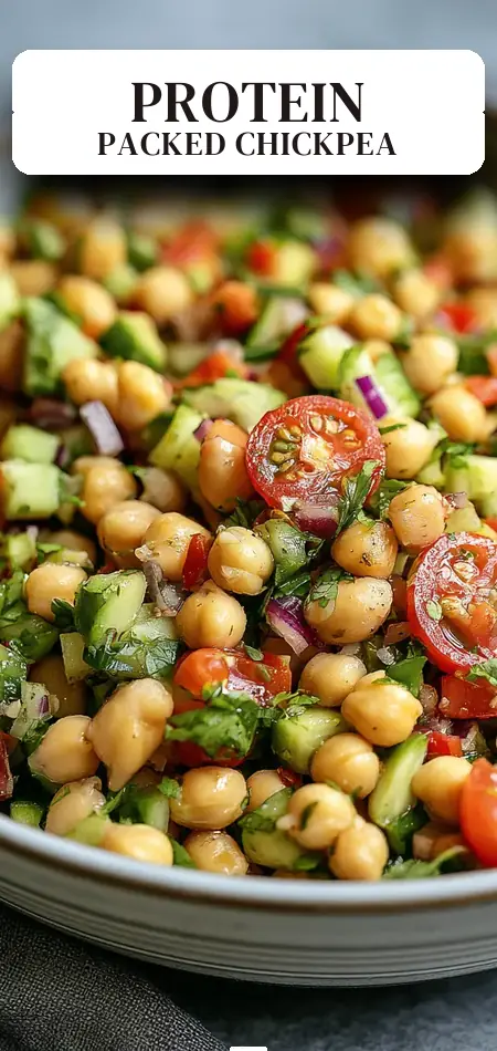 Pinterest pin (Design 2) for High Protein Chickpea Salad (Vegan + Gluten-Free) – Fresh, Protein-Packed, and Flavorful