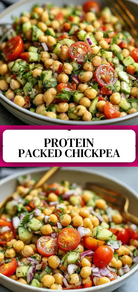 Pinterest pin (Design 3) for High Protein Chickpea Salad (Vegan + Gluten-Free) – Fresh, Protein-Packed, and Flavorful