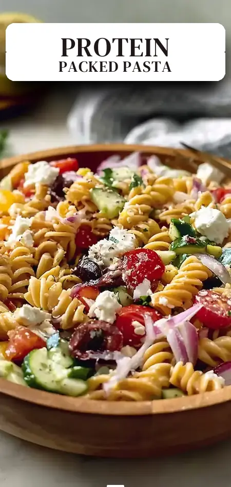 Pinterest pin (Design 2) for High Protein Greek Pasta Salad