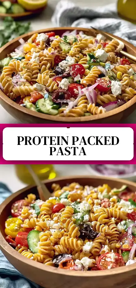 Pinterest pin (Design 3) for High Protein Greek Pasta Salad