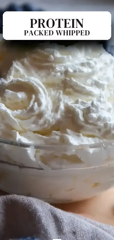 Pinterest pin (Design 2) for Creamy Greek Yogurt Whipped Cream Recipe High Protein and Easy