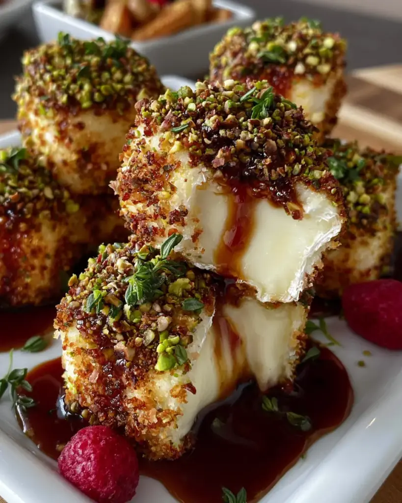 A delicious plate of Pistachio-Crusted Brie Bite