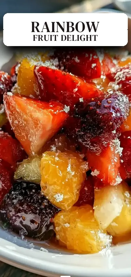 Pinterest pin (Design 2) for Fresh Rainbow Fruit Salad with Champagne Vanilla Bean Syrup