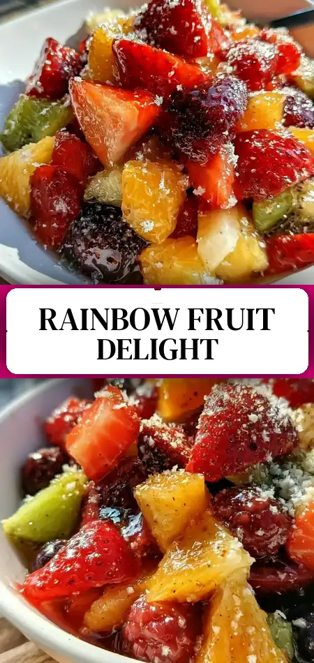Pinterest pin (Design 3) for Fresh Rainbow Fruit Salad with Champagne Vanilla Bean Syrup
