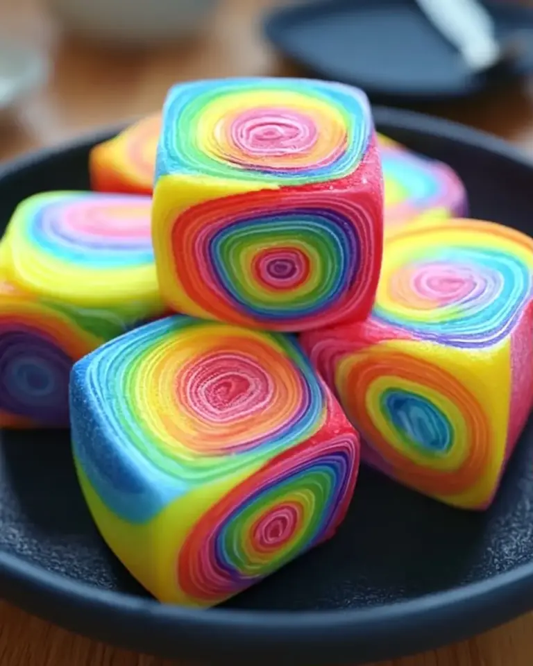 A delicious plate of Rainbow Ribbon Candy Rolls