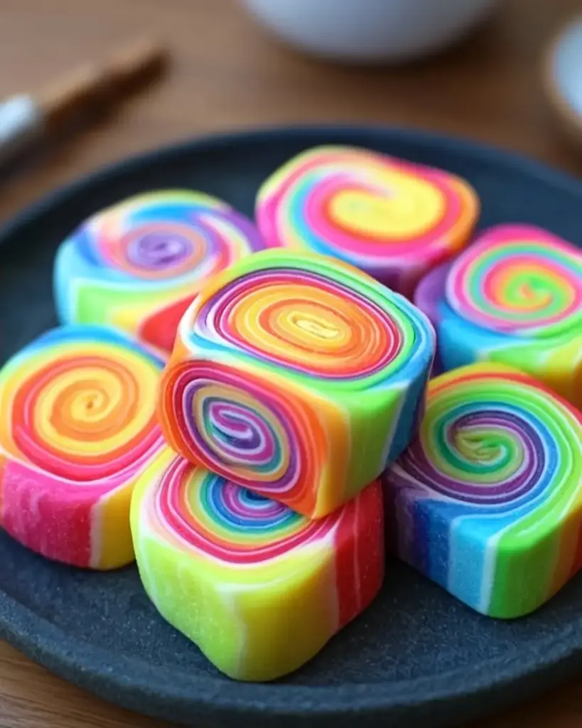 A delicious plate of Rainbow Ribbon Candy Rolls