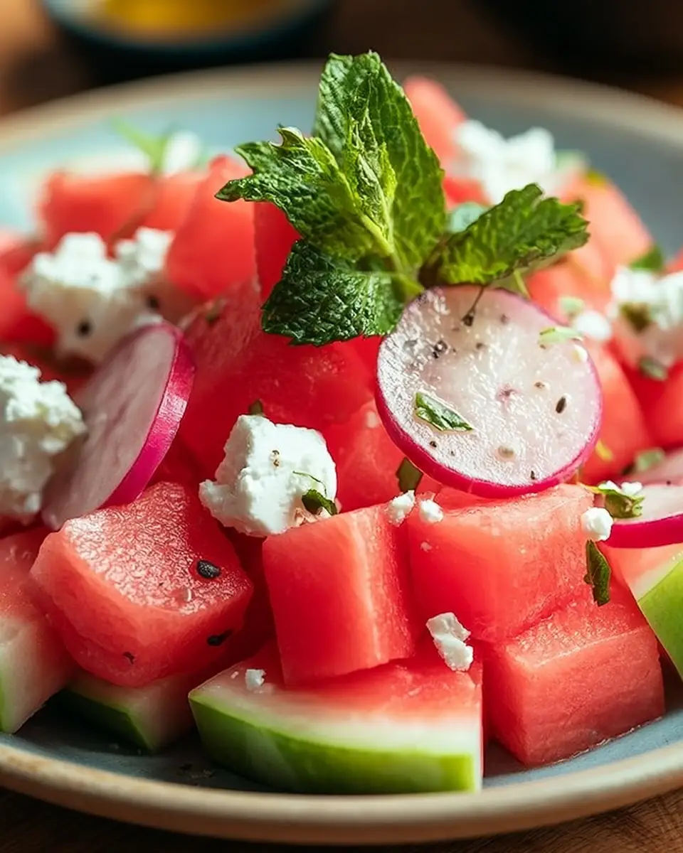 A delicious plate of Refreshing Watermelon and Purple Radish Salad with Feta