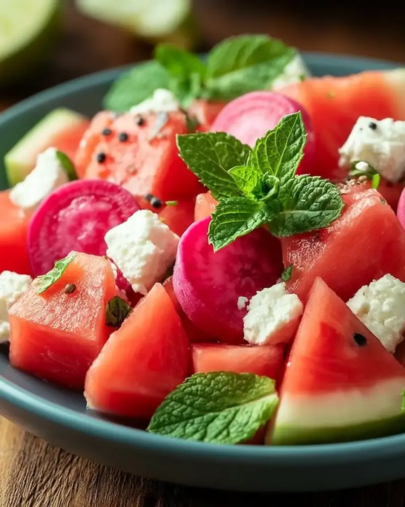A delicious plate of Refreshing Watermelon and Purple Radish Salad with Feta