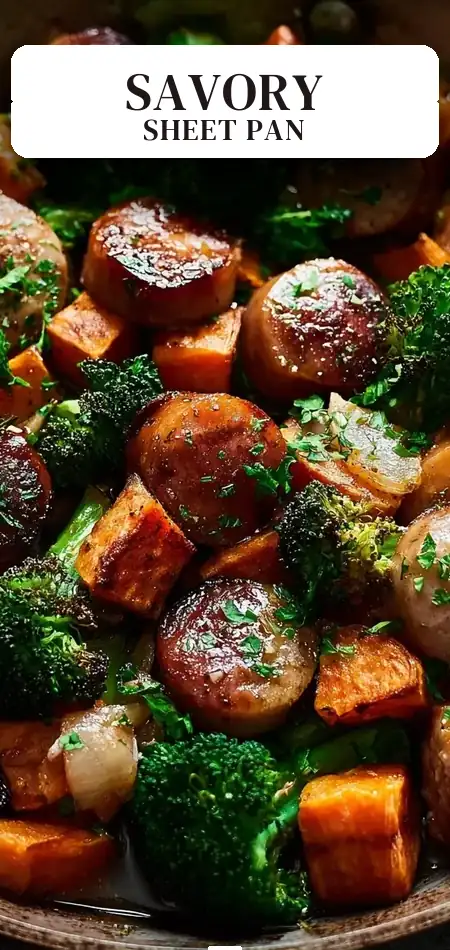 Pinterest pin (Design 2) for Honey Garlic Sausage and Sweet Potato Sheet Pan Dinner