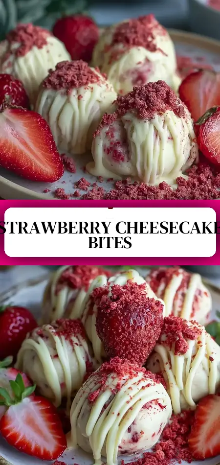 Pinterest pin (Design 3) for Healthy Strawberry Cheesecake Protein Balls