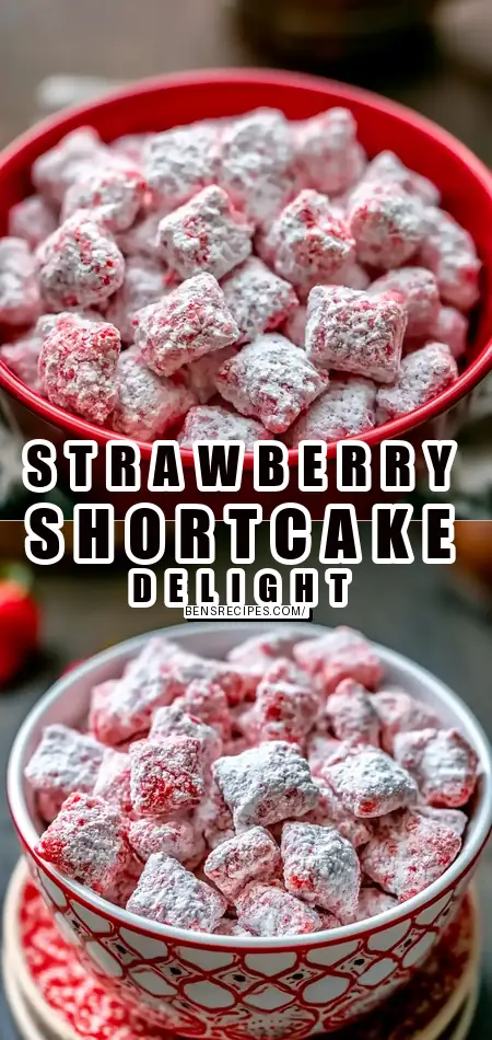 Pinterest pin (Design 1) for Best Strawberry Shortcake Puppy Chow Quick Treat