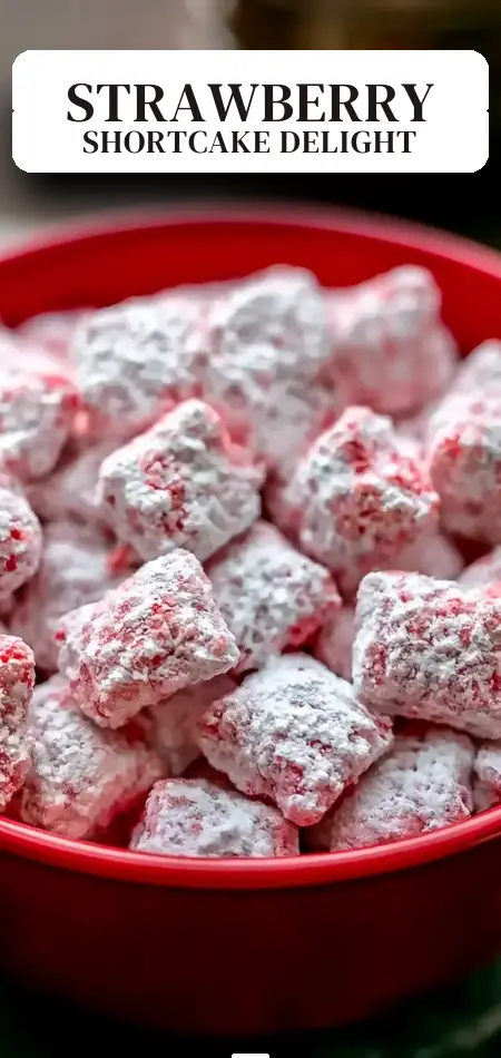 Pinterest pin (Design 2) for Best Strawberry Shortcake Puppy Chow Quick Treat
