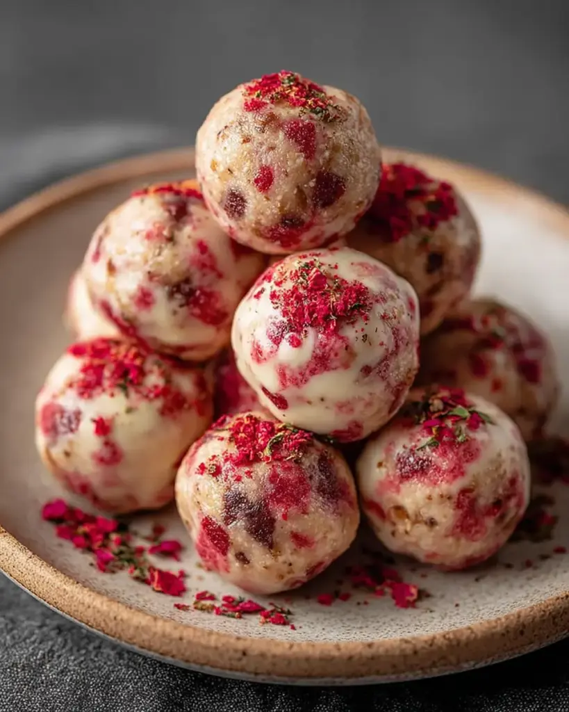 A delicious plate of Strawberry Cheesecake Protein Balls: The Ultimate No-Bake Recipe