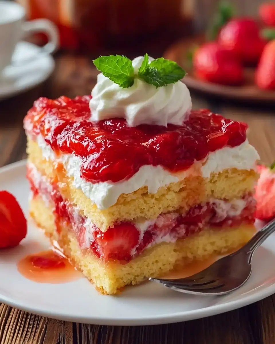 A delicious plate of Strawberry Poke Cake