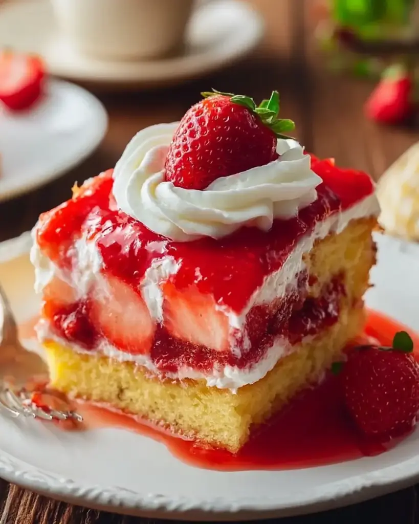 A delicious plate of Strawberry Poke Cake