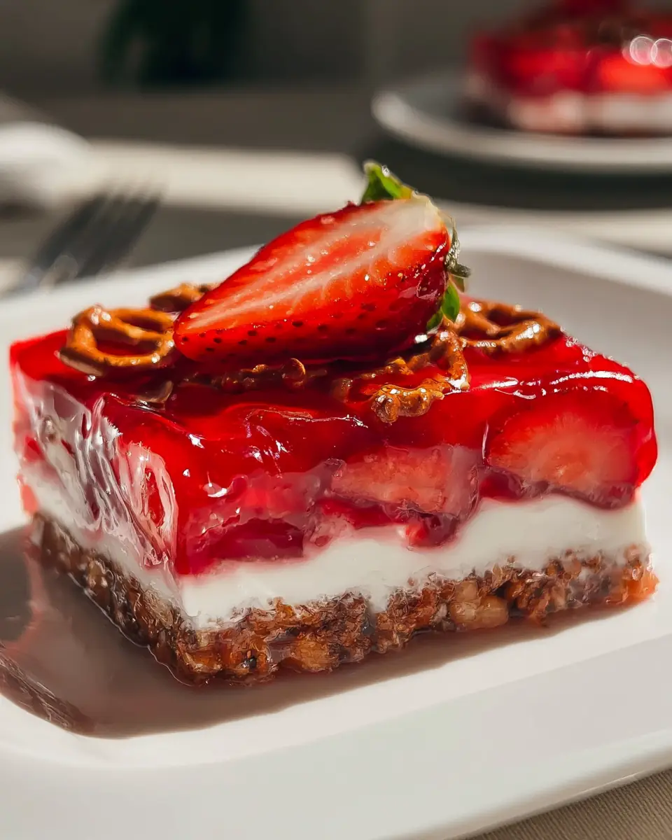 A delicious plate of Strawberry Pretzel Jello Salad