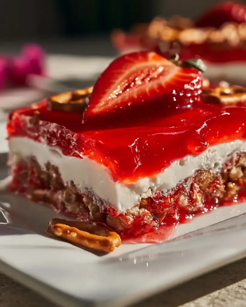A delicious plate of Strawberry Pretzel Jello Salad