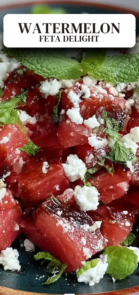 Pinterest pin (Design 2) for Fresh Watermelon Feta Mint Salad Recipe with Easy Balsamic Glaze