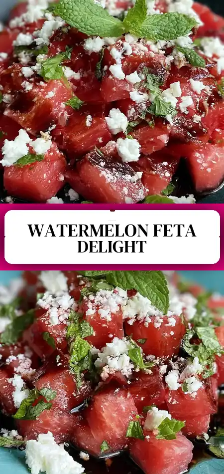 Pinterest pin (Design 3) for Fresh Watermelon Feta Mint Salad Recipe with Easy Balsamic Glaze