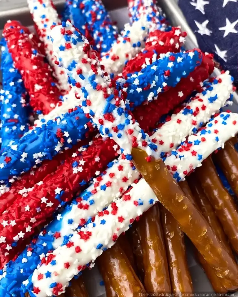 A delicious plate of 4th of July Chocolate Covered Pretzel Rods