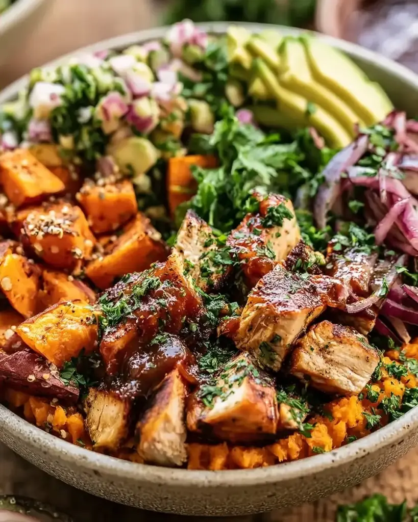 A delicious plate of BBQ Chicken Sweet Potato Bowl