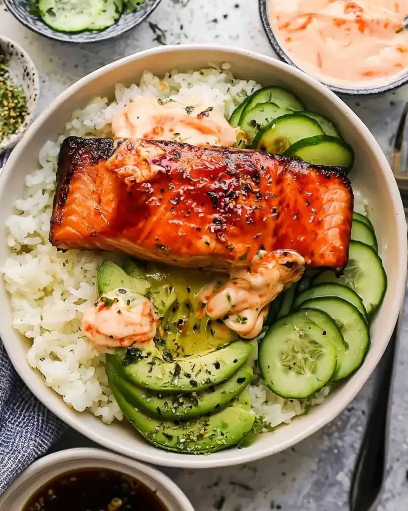 A delicious plate of Baked Salmon Sushi Bowl Recipe