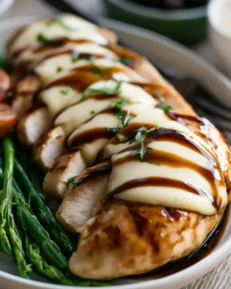 A delicious plate of Balsamic Baked Chicken Breast with Mozzarella Cheese