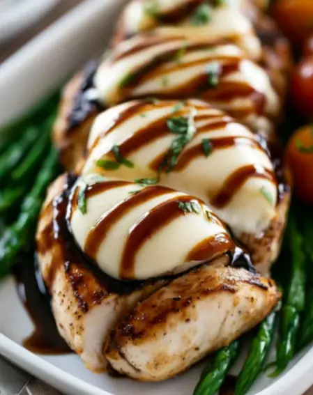 A delicious plate of Balsamic Baked Chicken Breast with Mozzarella Cheese