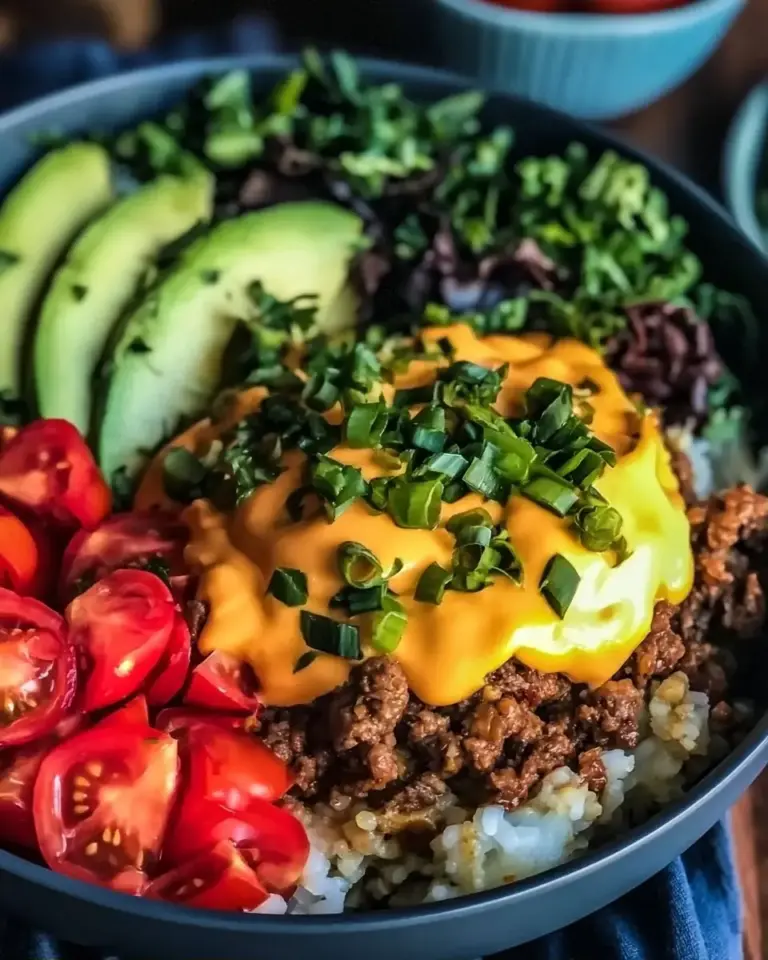 A delicious plate of Better Than Takeout Cheeseburger Bowls