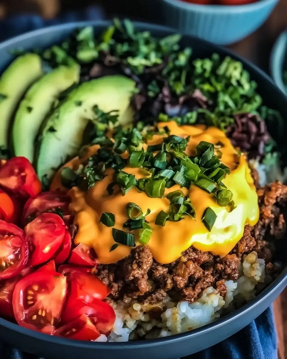A delicious plate of Better Than Takeout Cheeseburger Bowls