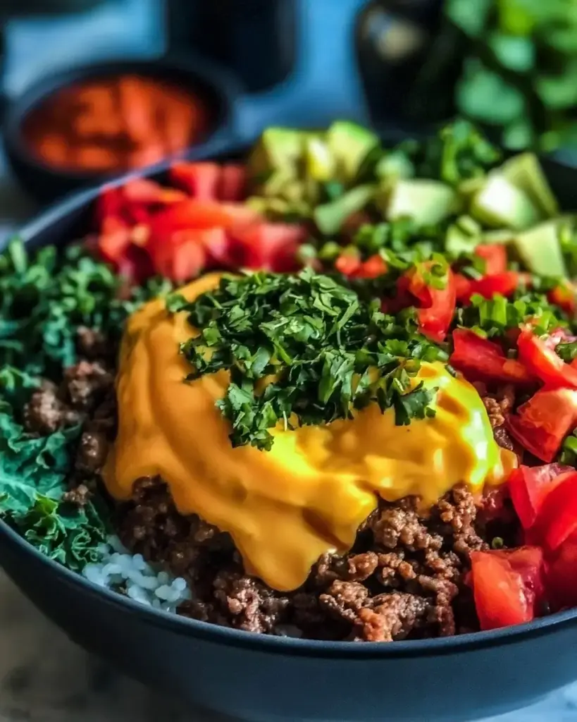 A delicious plate of Better Than Takeout Cheeseburger Bowls