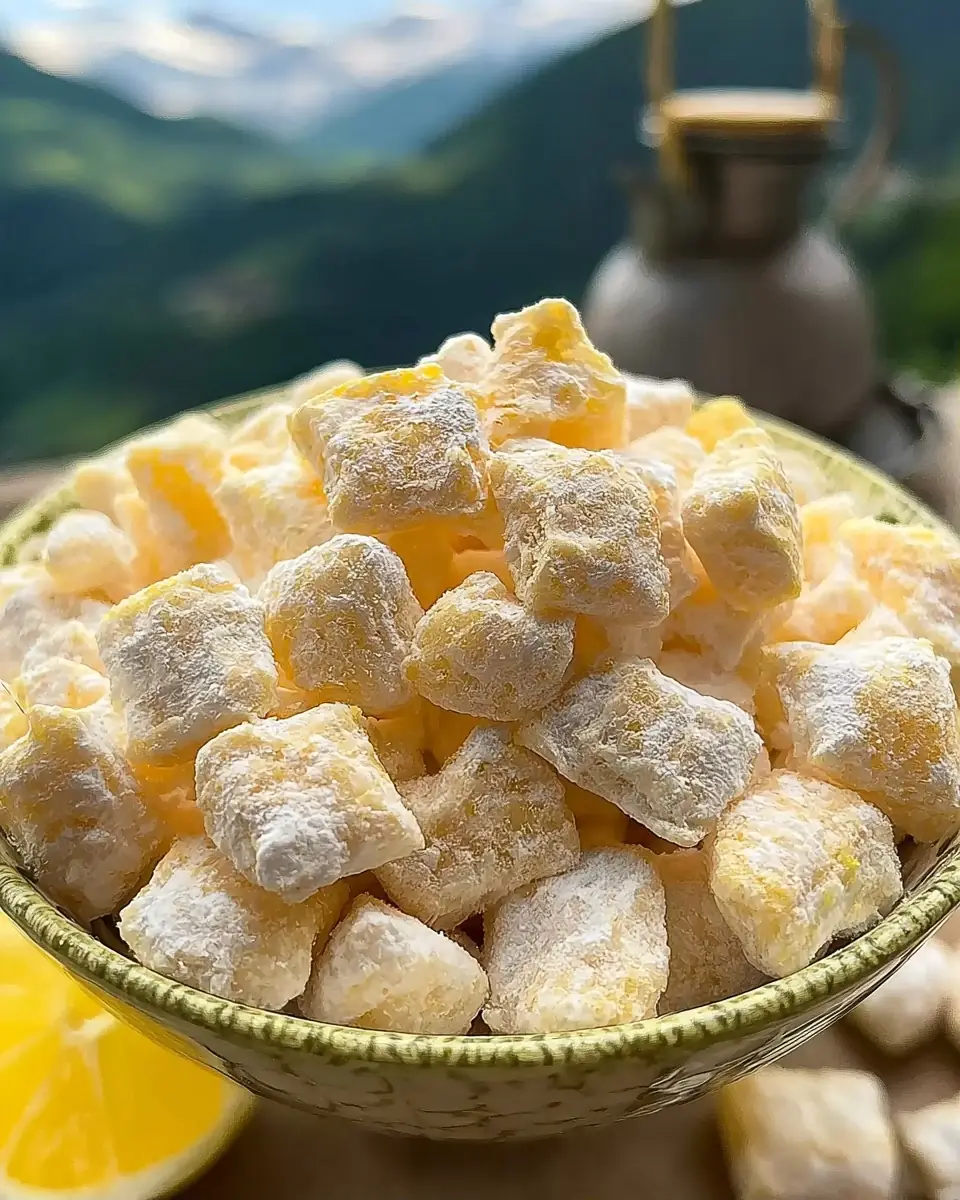 A delicious plate of Bright & Zesty Lemonade Puppy Chow