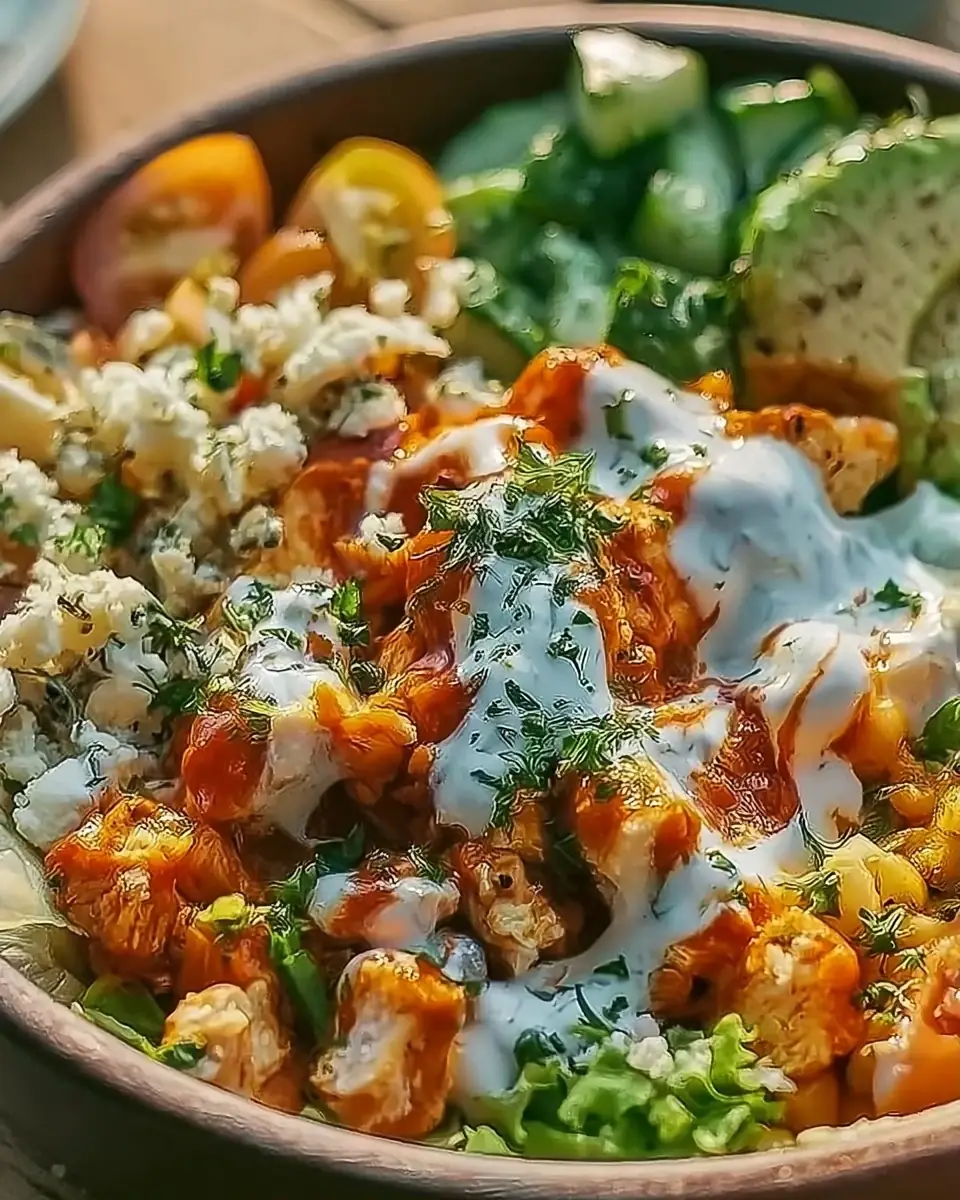 A delicious plate of Buffalo Chicken Bowl Quick and Easy Recipe