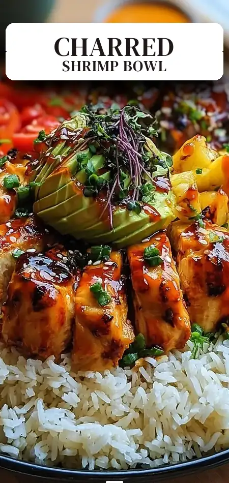 Pinterest pin (Design 2) for The Ultimate Charred Shrimp and Avocado Bowl