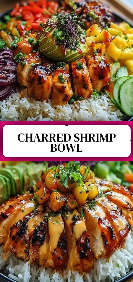 Pinterest pin (Design 3) for The Ultimate Charred Shrimp and Avocado Bowl