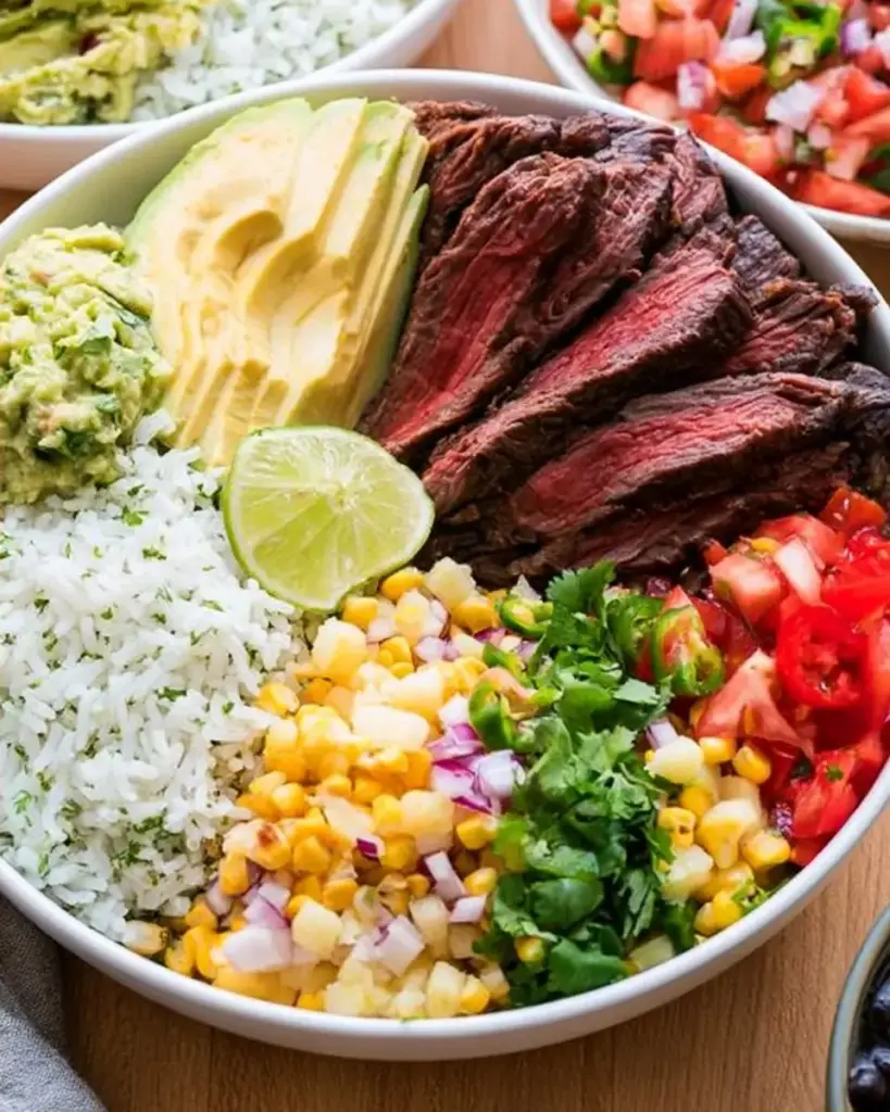 A delicious plate of CHIPOTLE STEAK BURRITO BOWL COPYCAT RECIPE