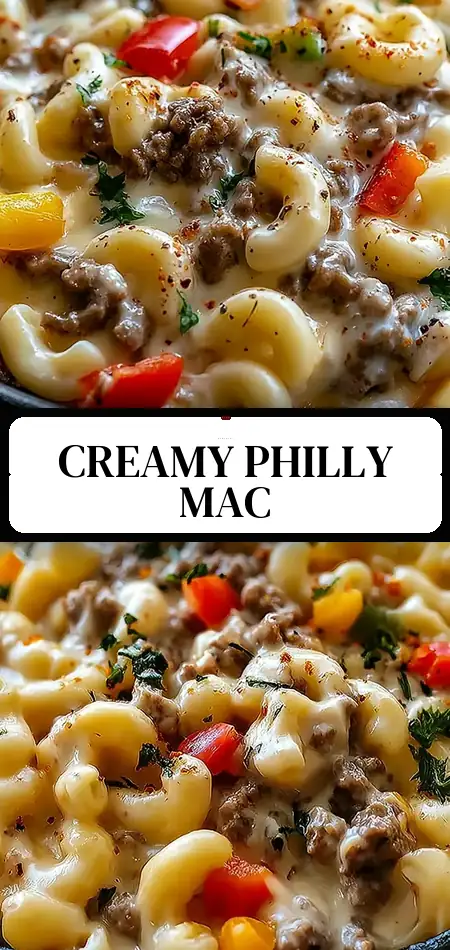 Pinterest pin (Design 3) for High-Protein Creamy Philly Cheesesteak Mac & Cheese Bliss